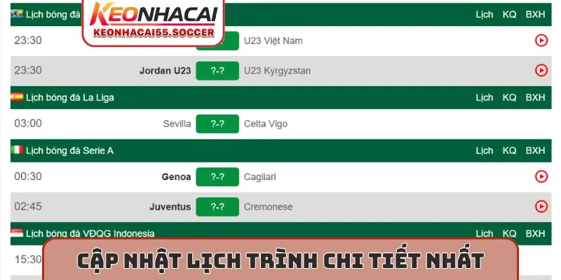 Cập nhật lịch trình chi tiết nhất